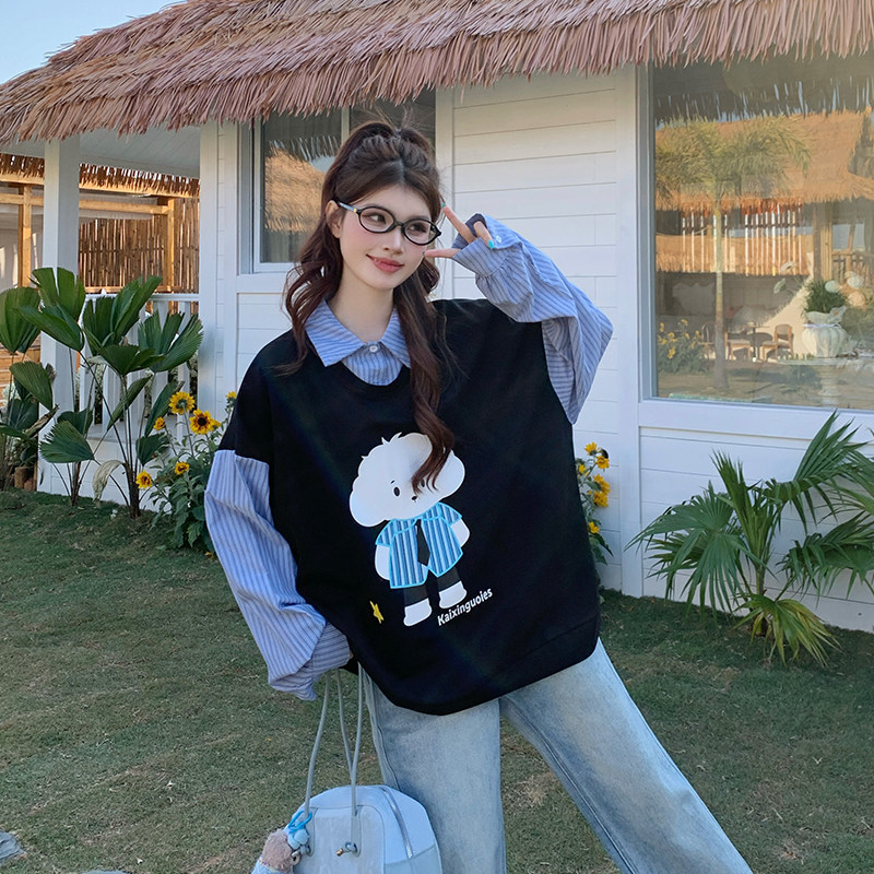 小吉家大码女装春季胖mm假两件印花衬衫减龄学院风宽松显瘦上衣女