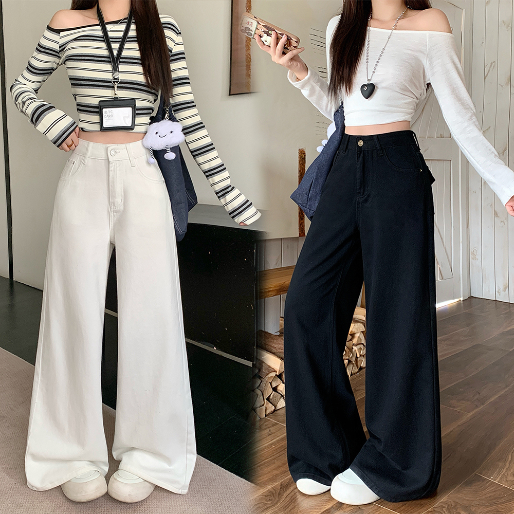 小吉家大码女装秋季韩系休闲高腰牛仔裤宽松显瘦百搭阔腿裤长裤子
