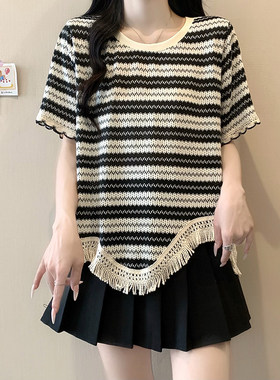 小吉家大码女装夏季新款波浪条纹流苏短袖T恤宽松显瘦正肩上衣女