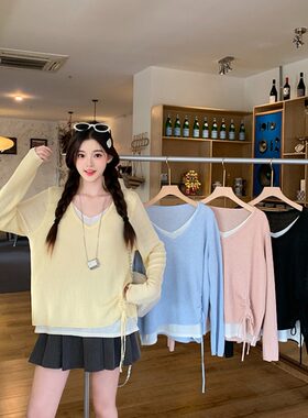 小吉家大码女装2026春季新款抽绳拼接撞色坑条纹休闲风假两件上衣