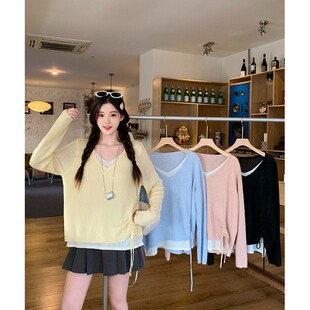 小吉家大码女装2026春季新款抽绳拼接撞色坑条纹休闲风假两件上衣