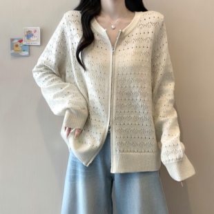 小吉家大码女装秋季双拉链宽松显瘦镂空针织开衫慵懒风显瘦上衣女