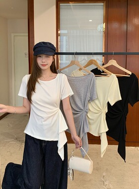 小吉家大码女装夏季新款胖mm韩系简约荷叶边收腰不规则短袖T恤女