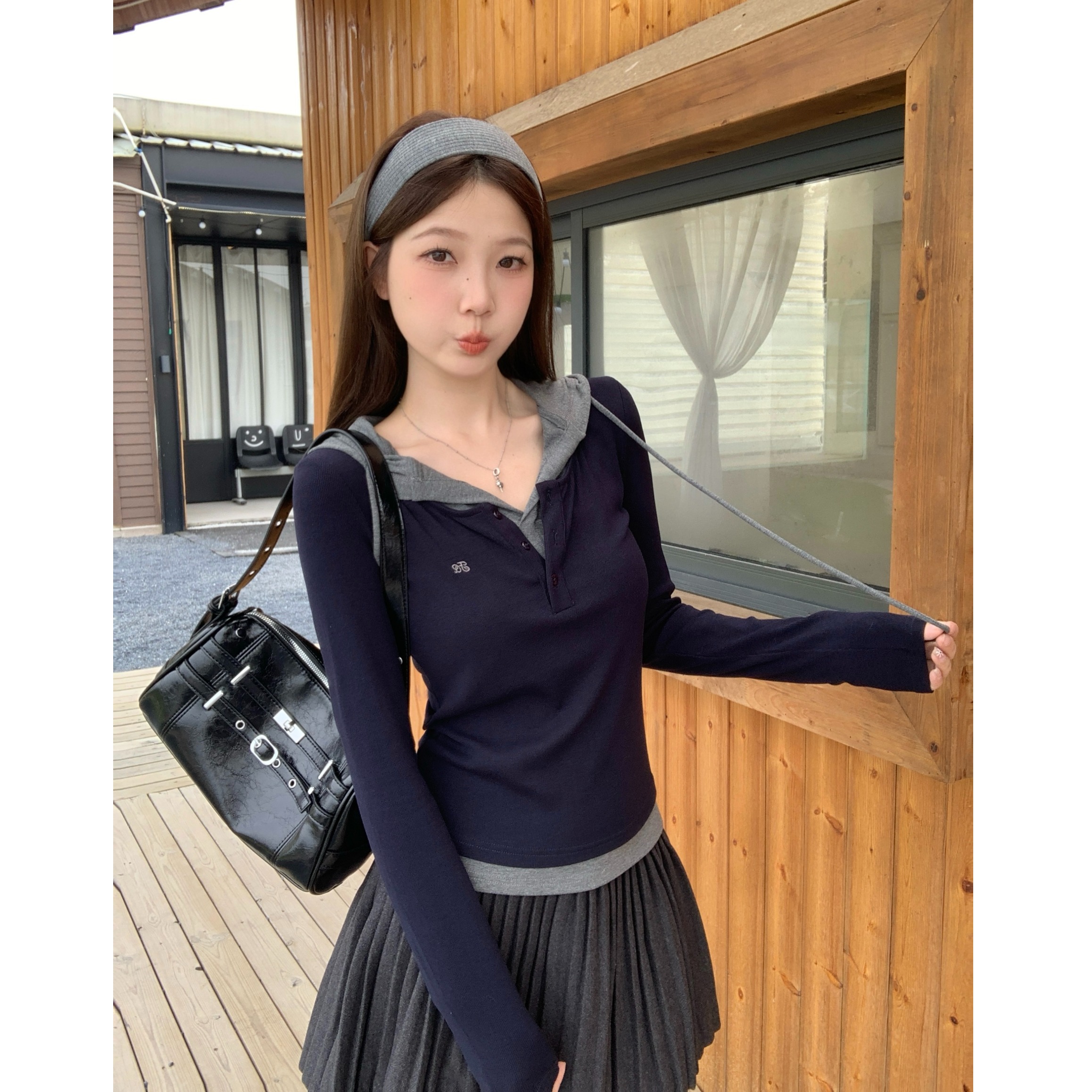 小吉家大码女装秋季美式复古撞色拼接连帽长袖T恤修身显瘦上衣女