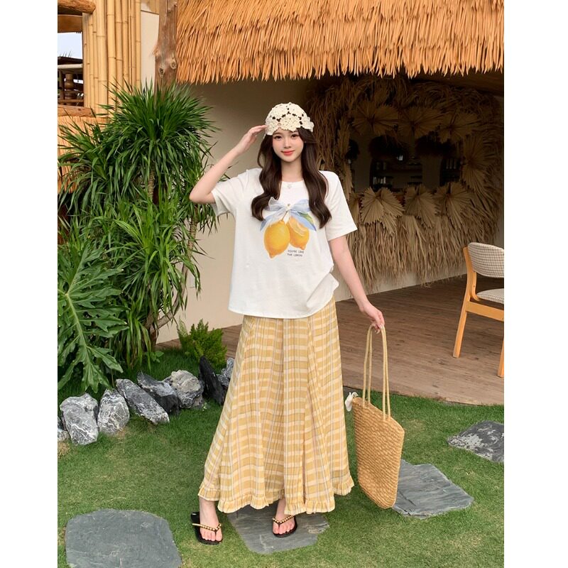 小吉家大码女装夏季胖mm休闲印花短袖T恤流苏格纹半身裙两件套女