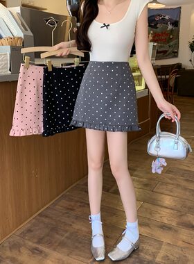 小吉家大码女装春夏新款高腰显瘦波点短裙花边设计感韩系半身裙女