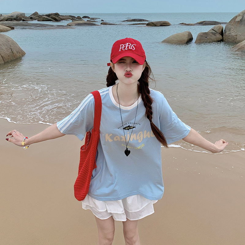 小吉家大码女装夏季可爱印花正肩T恤松紧腰白色半身裙松弛感套装