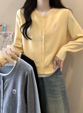 小吉家大码女装春季新款撞色拼接假两件针织衫开衫宽松百搭上衣女