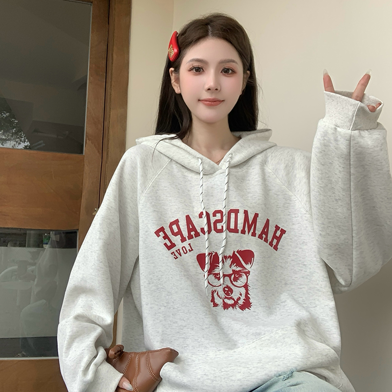 小吉家大码女装学生长袖上衣秋冬季插肩袖宽松型加绒加厚连帽卫衣