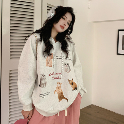 小吉家大码女装连帽长袖卫衣秋冬插肩袖宽松遮肉显瘦加绒加厚上衣