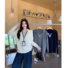 小吉家大码女装秋装新款条纹拼接软糯针织毛衣miu系宽松百搭上衣