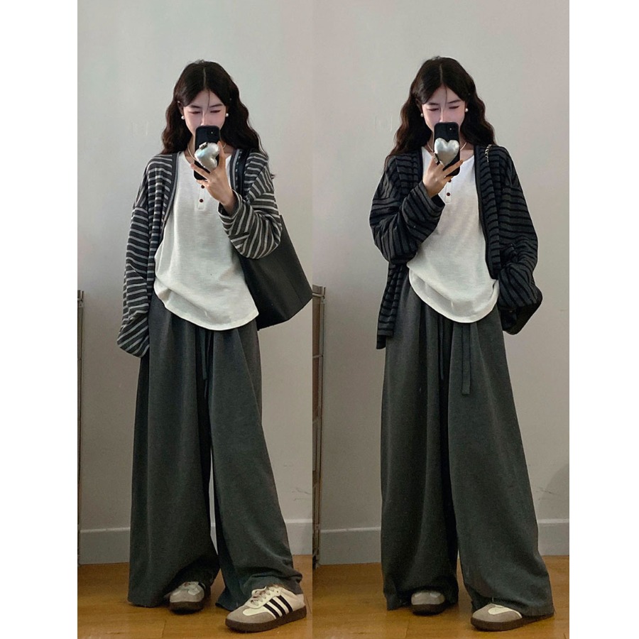 小吉家大码女装秋季慵懒风美式撞色条纹长袖内搭背心休闲长裤套装