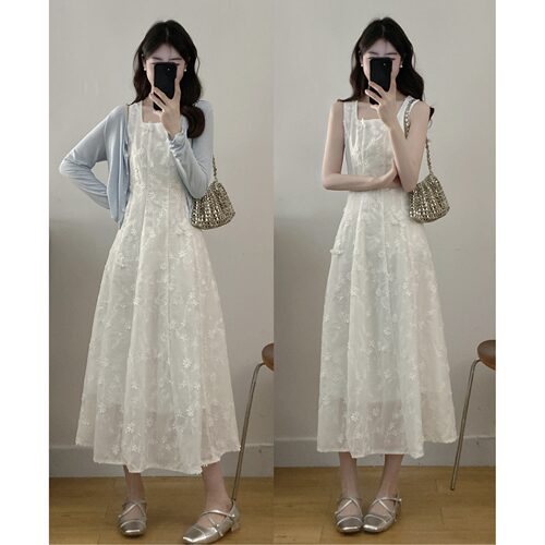 小吉家大码女装温柔风法式重工蕾丝刺绣A字连衣裙防晒开衫两件套