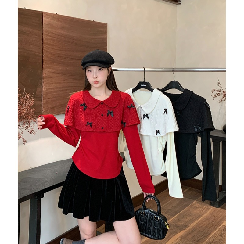 小吉家大码女装冬装新款胖mm高级感娃娃领斗篷圣诞叠穿假两件上衣