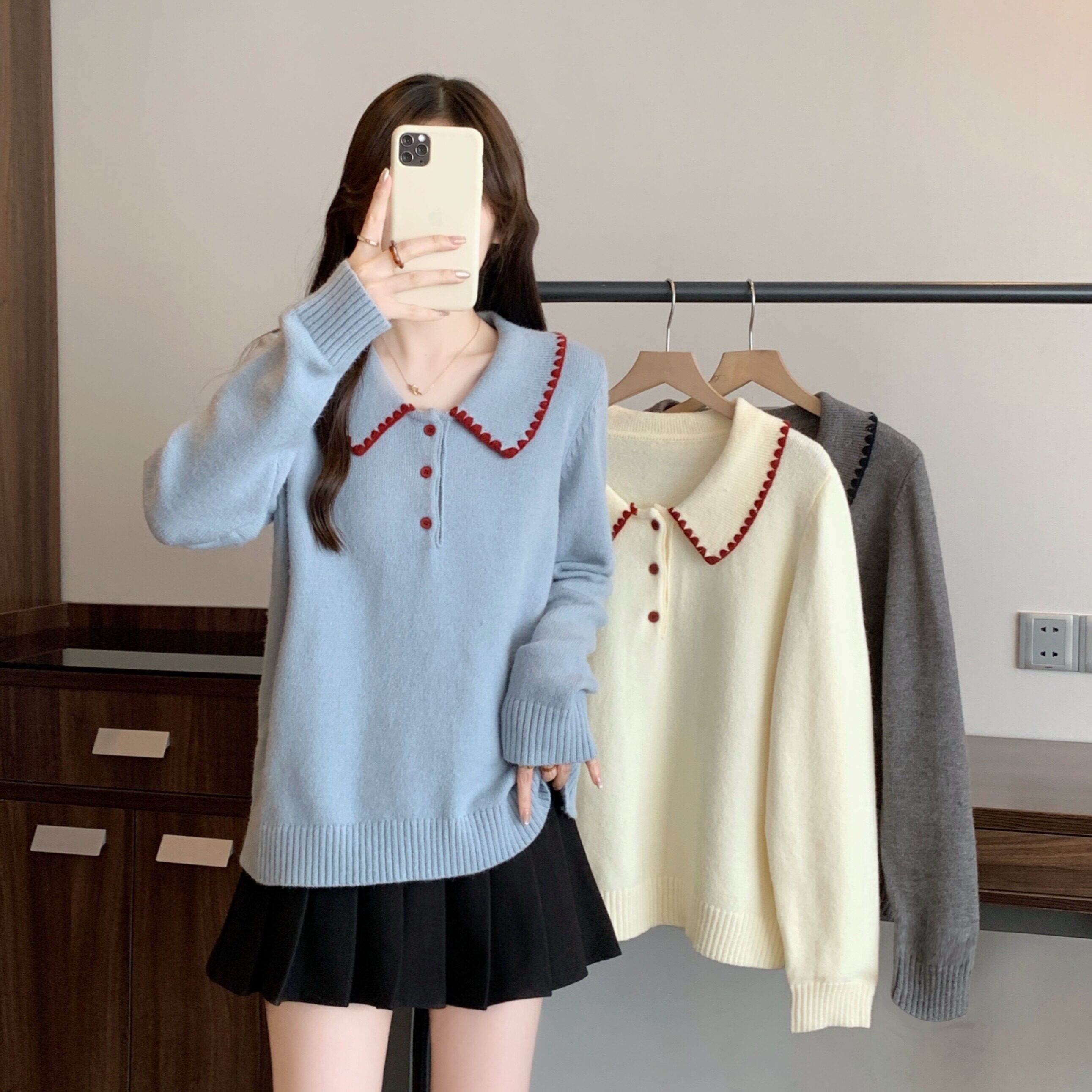 小吉家大码女装秋冬胖mm韩系甜美撞色翻领针织衫设计感显瘦毛衣女