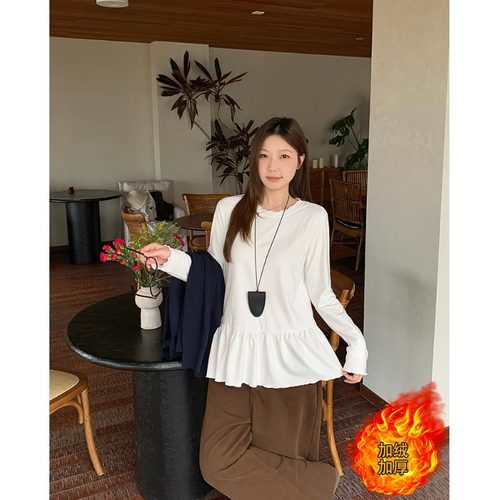 小吉家大码女装秋冬新款胖mm时尚加绒加厚荷叶边宽松内搭长袖上衣