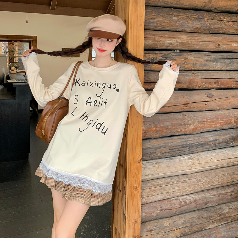 小吉家大码女装秋冬双面德绒加厚圆领印花长袖打底T恤显瘦上衣女