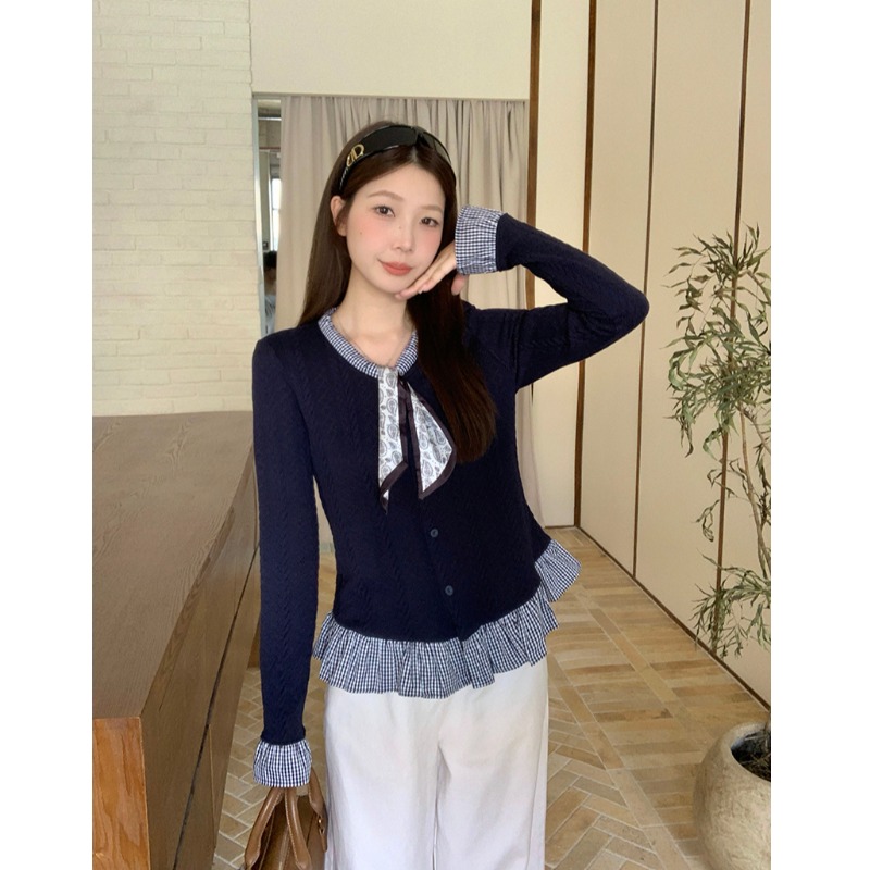 小吉家大码女装秋装新款胖mm韩系设计感丝带拼接格子长袖针织上衣