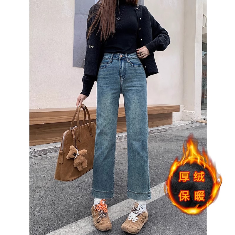 小吉家大码女装复古蓝加绒直筒牛仔裤秋冬新款梨形身材厚绒九分裤