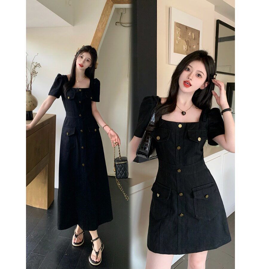 小吉家大码女装夏季方领牛仔时尚连衣裙胖MM藏肉显瘦黑色a字裙女
