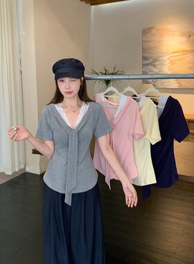 小吉家大码女装夏季新款胖mm时尚拼接蕾丝花边v领披肩短袖T恤上衣
