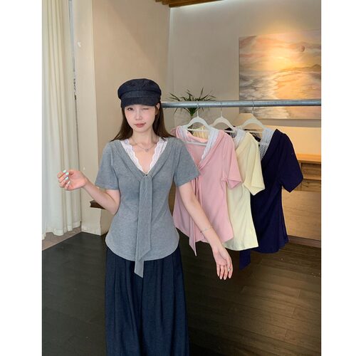 小吉家大码女装夏季新款胖mm时尚拼接蕾丝花边v领披肩短袖T恤上衣