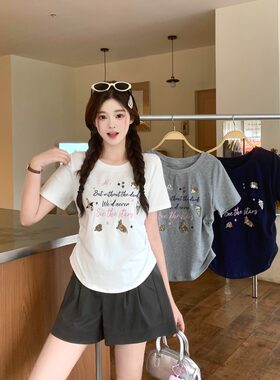 小吉家大码女装夏季圆领正肩刺绣短袖T恤韩系宽松显瘦百搭上衣女