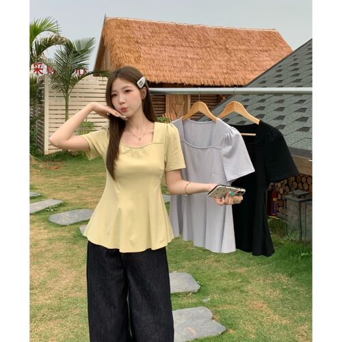 小吉家大码女装夏装胖mm收腰遮肚子下摆短袖T恤纯欲方领正肩上衣