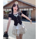 小吉家大码女装夏季胖mm纯欲风收腰显瘦黑色上衣甜美半身裙两件套