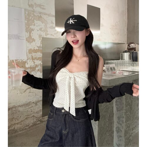 小吉家大码女装胖mm甜酷纯欲风辣妹波点吊带长袖防晒衫遮肉两件套