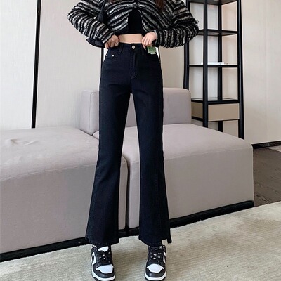 小吉家大码女装黑色微喇牛仔裤秋季高腰小个子直筒遮胯显瘦九分裤