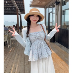 小吉家大码女装胖mm雪纺甜美碎花吊带上衣防晒开衫雪纺百褶裙套装