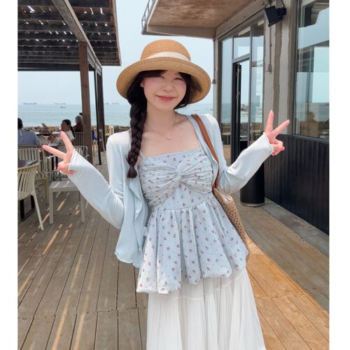 小吉家大码女装胖mm雪纺甜美碎花吊带上衣防晒开衫雪纺百褶裙套装