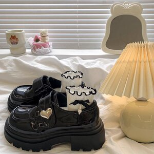厚底黑色小皮鞋女2024新款春秋英伦风粗跟增高圆头日系jk乐福单鞋