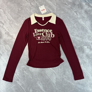 辣妹上衣 修身 10.17NE…polo领长袖 印花T恤女春秋复古美式