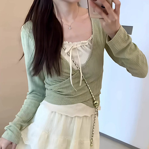 3.3羊城gs 茉莉绿色假两件长袖t恤女修身设计显瘦上衣