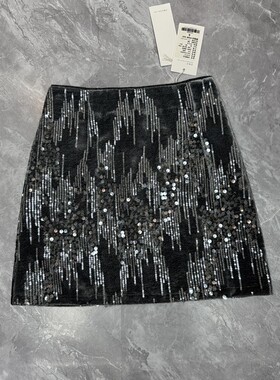 5.30尚c 银色珠片绣丝绒亮片半身裙女气质显瘦短裙子