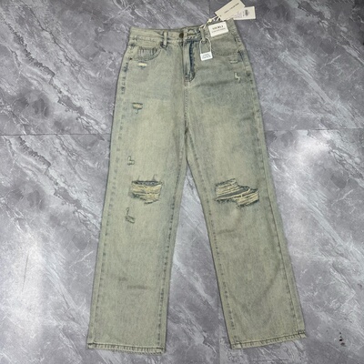 10.23斯er丽 复古破洞阔腿牛仔裤女秋季高腰直筒宽松小个子拖地裤