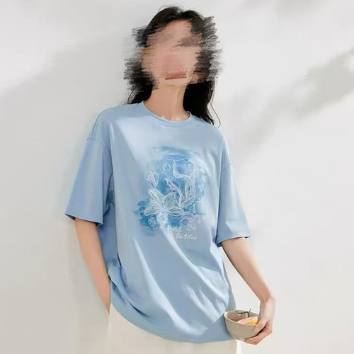 7.26茵m 商场同款 休闲纯棉短袖t恤女夏季新款印花刺绣中长上衣