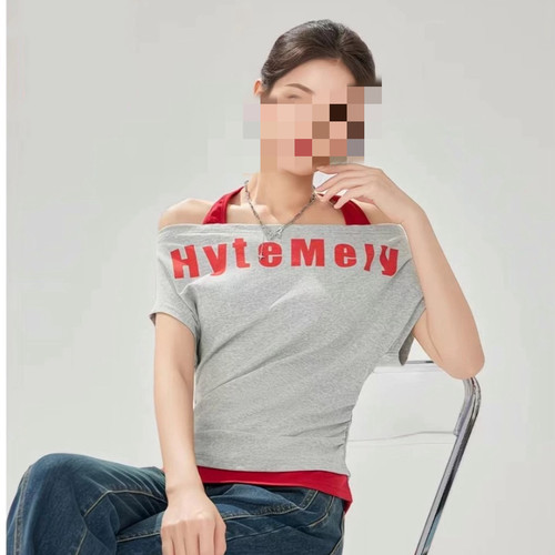 4.14IYF剪标 假两件短袖T恤女夏季显瘦设计感挂脖收腰上衣潮