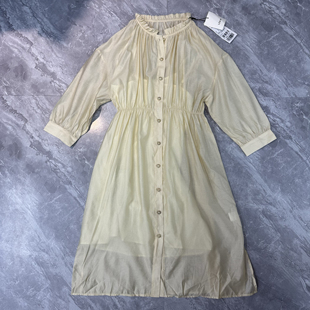 8.10L町 奶油黄连衣裙女复古木耳边度假风垂感收腰长裙子