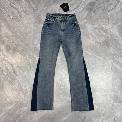 9.23mo家 复古摩登港风中高腰微喇侧边拼色毛边弹力长款牛仔裤