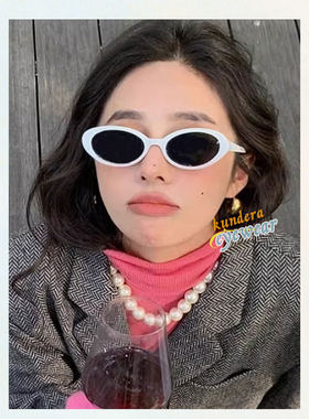 复古欧美小框白色椭圆墨镜女高级感白边小框窄太阳眼镜旅游拍照男