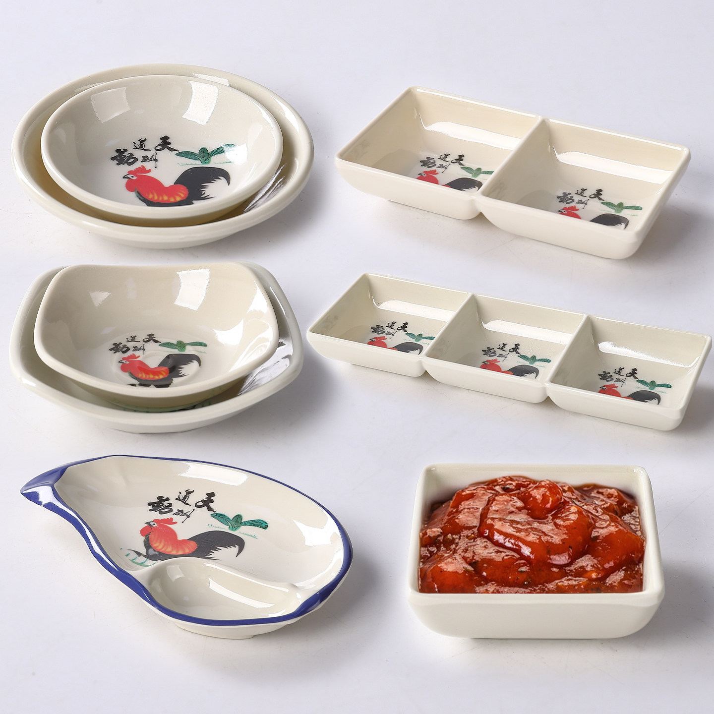 密胺塑料调酱料味碟饭店餐厅咸菜小菜碟蘸料两三格碟怀旧公鸡碟子