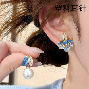 塑料针蓝色珐琅不对称耳钉气质树叶珍珠耳环新耳洞防过敏滴釉耳饰