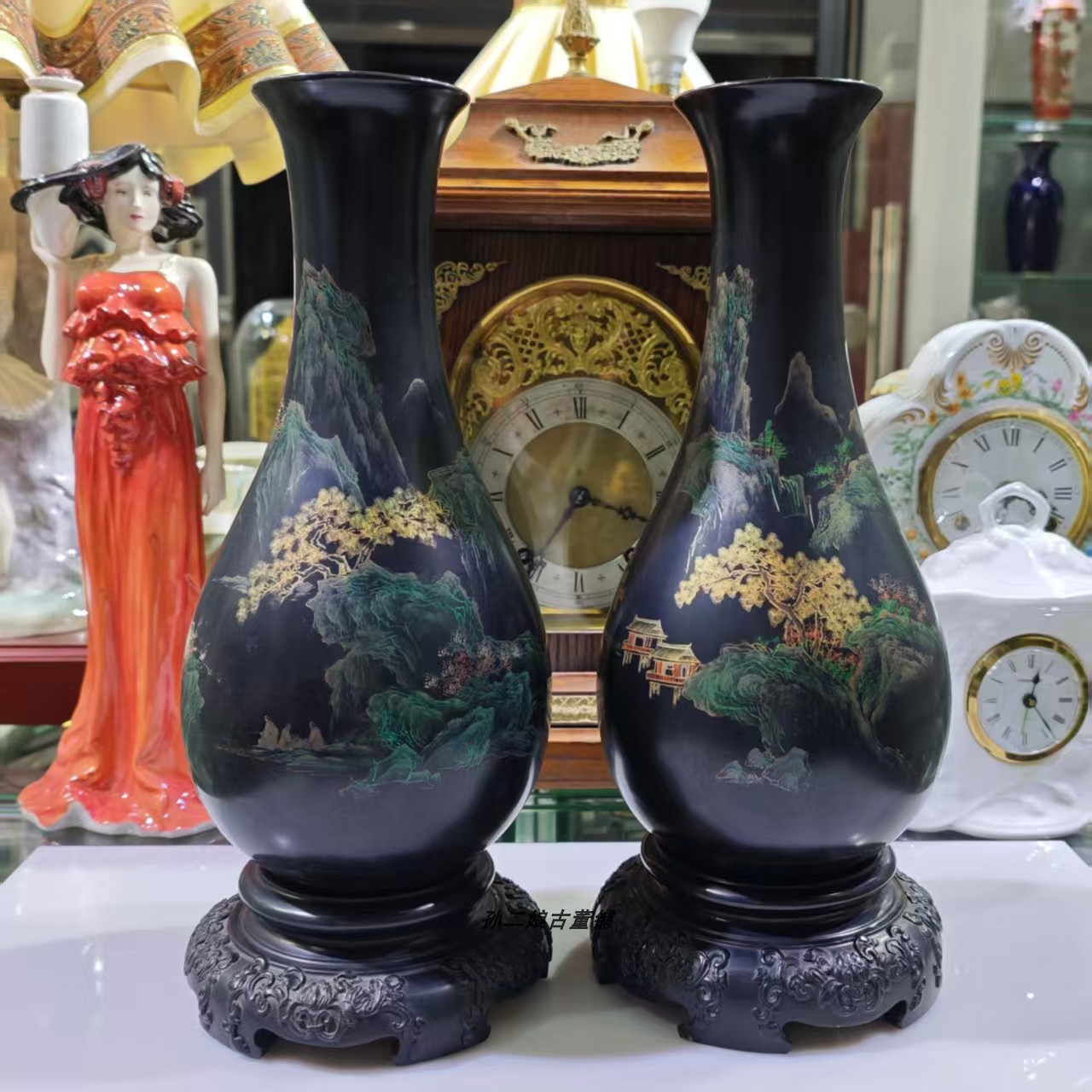 英国回流中国建国初传统麻布胚福州脱胎漆器花瓶一对精品制作收藏