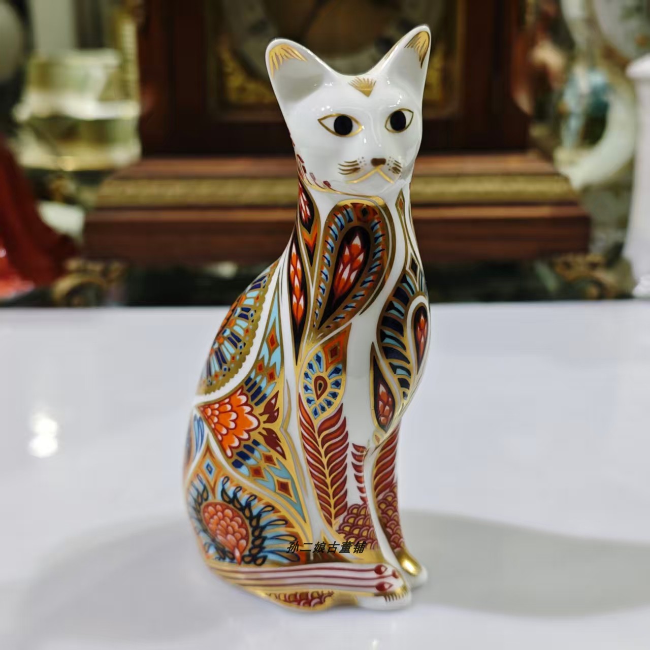 英国产Royal Crown Derby22K镏金骨瓷全手绘花猫动物镇纸摆件中古
