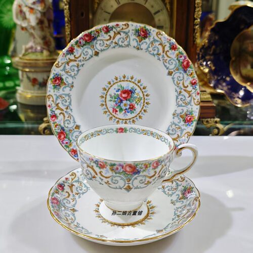 英国产Tuscan托斯卡纳骨瓷奥尔良洛可可复古花卉风格咖啡杯碟三件