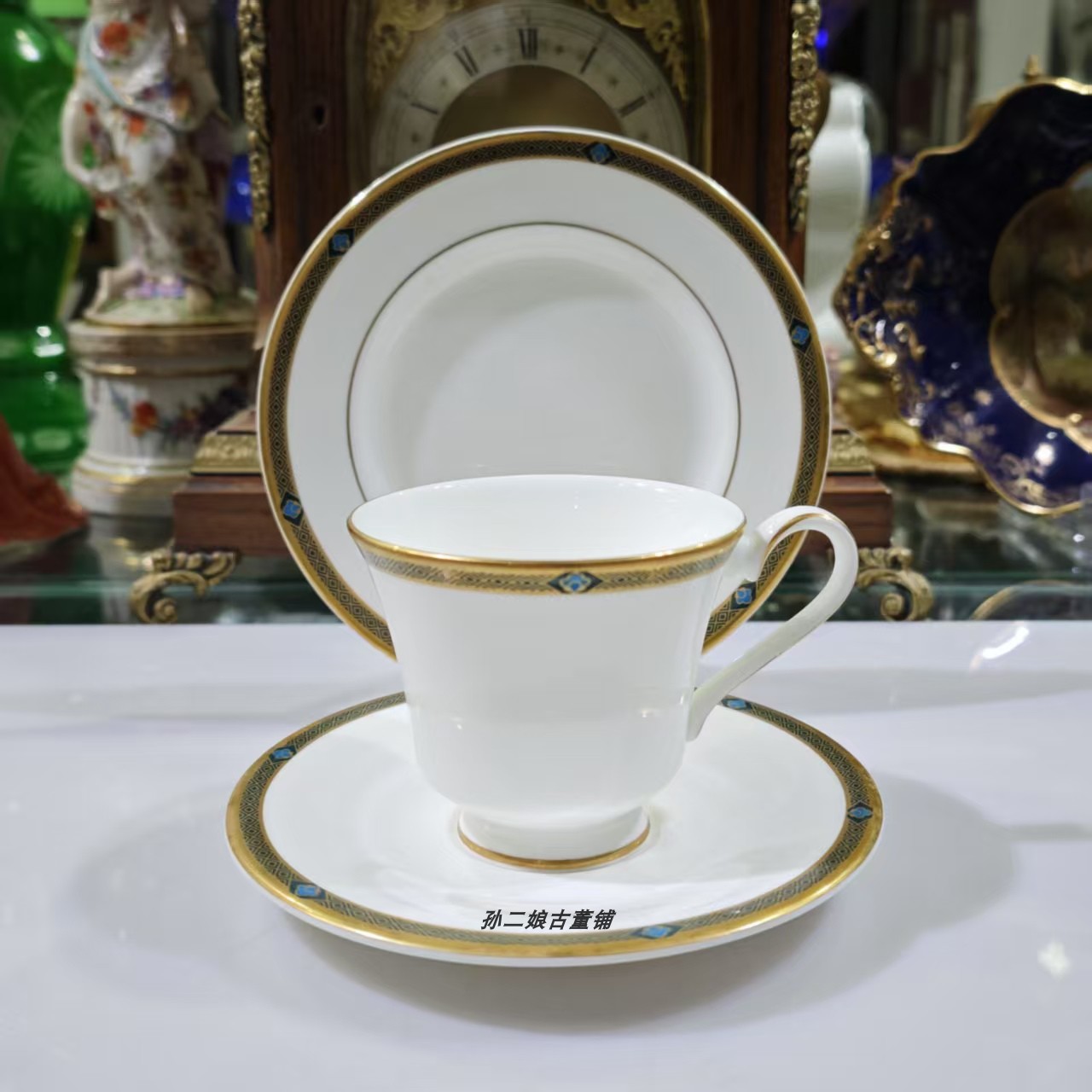 英国产Royal doulton镏金Geneva手绘金格纹咖啡杯红茶杯碟三件套