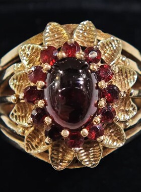 英国Vintage珠宝谢菲尔德产9K黄金镶嵌天然石榴石设计款戒指1975
